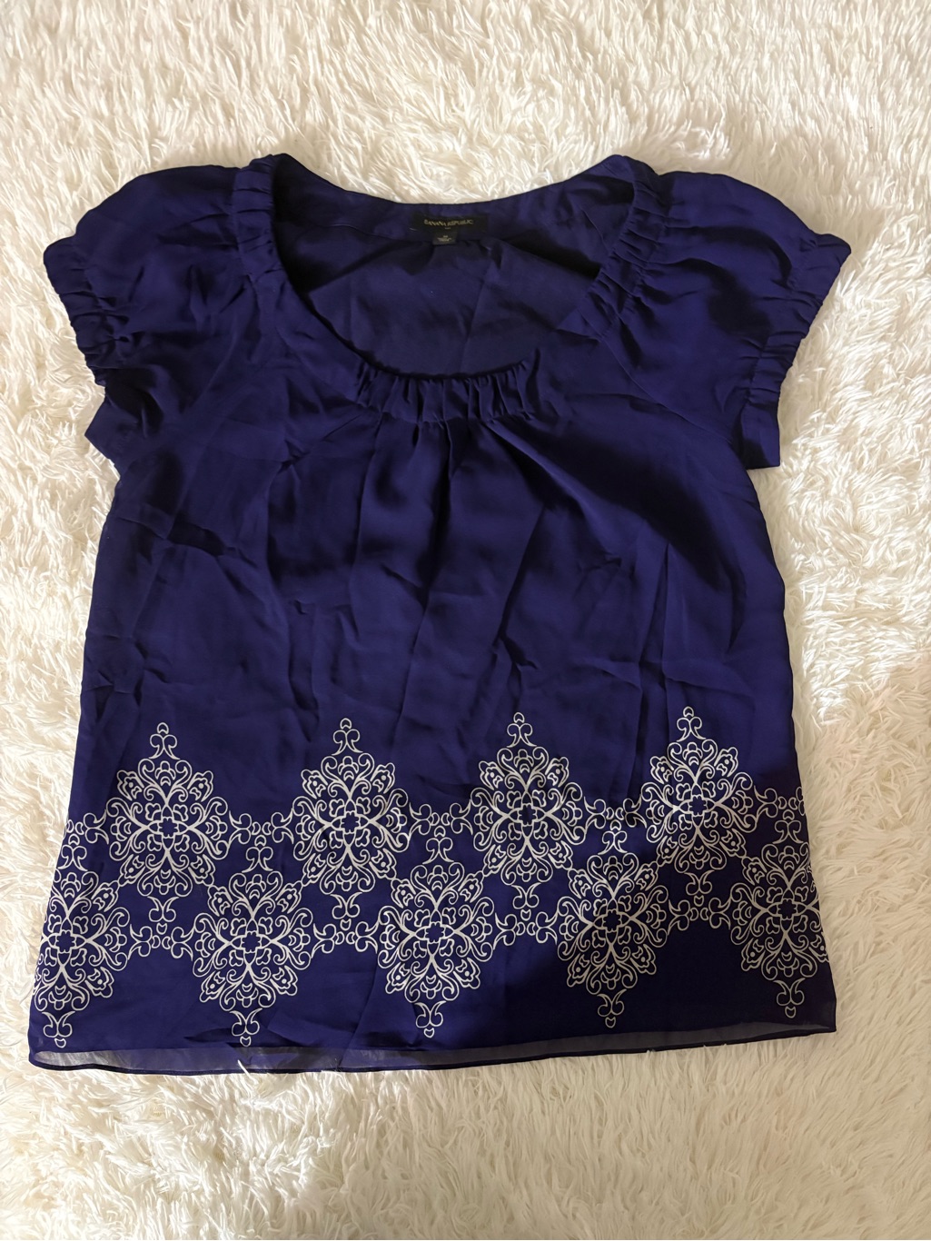 Banana Republic Navy Blue Short-Sleeve Embroidered Peasant Blouse